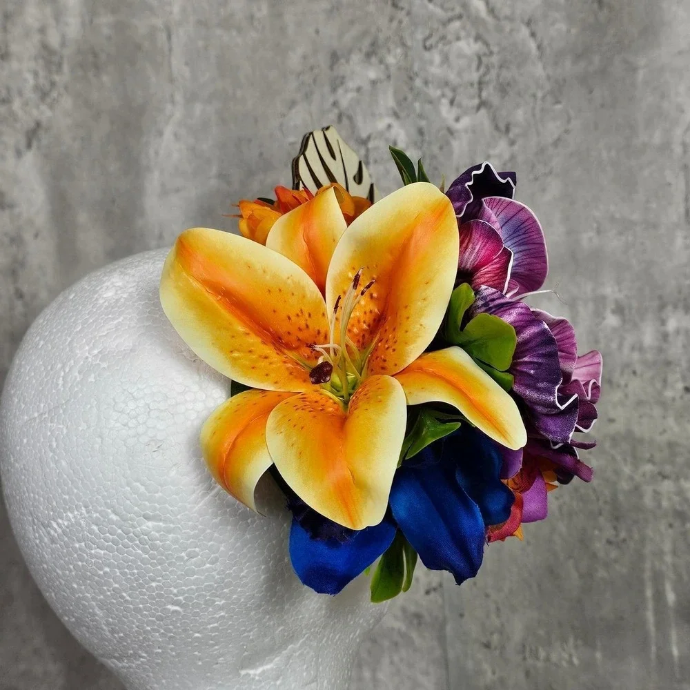 Handmade Tropical Floral Hair Clip Fascinator‎ Orchid Lily Tiki Burlesque